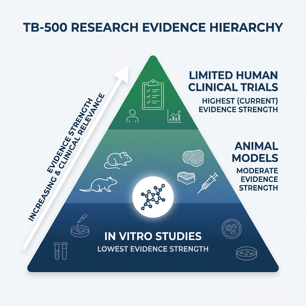 Evidence pyramid showing TB-500 research levels from lab to clinical