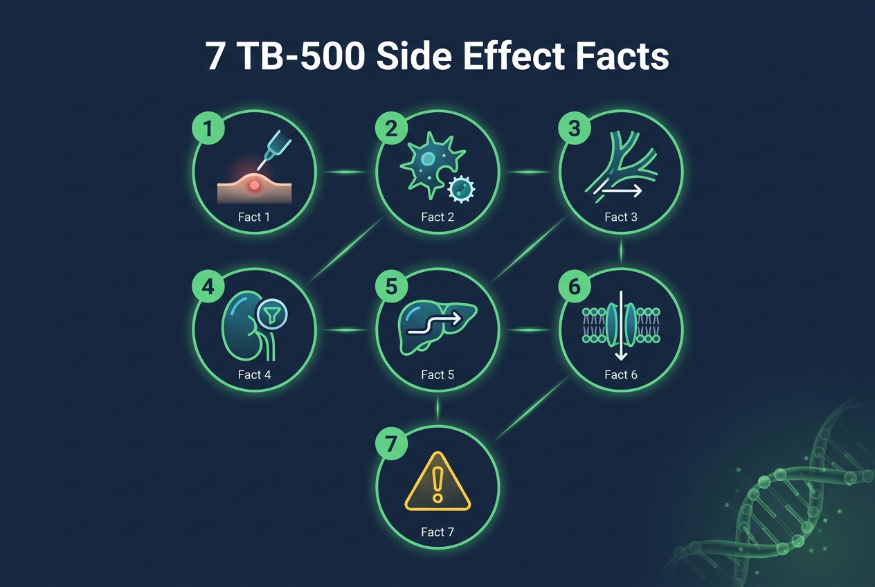 Infographic of seven TB-500 side effect facts researchers should know for safety assessment.