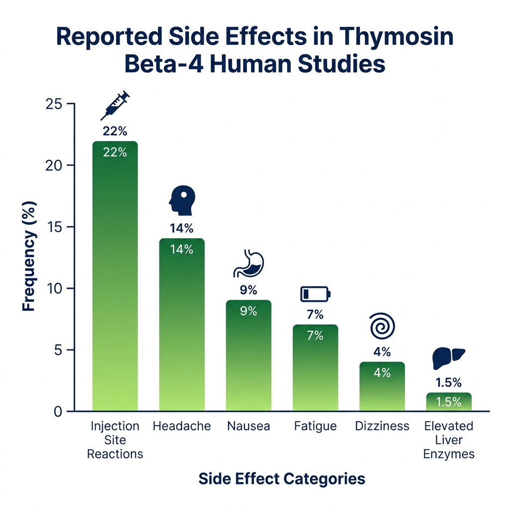 Bar chart showing reported side effects from human thymosin beta-4 clinical studies.