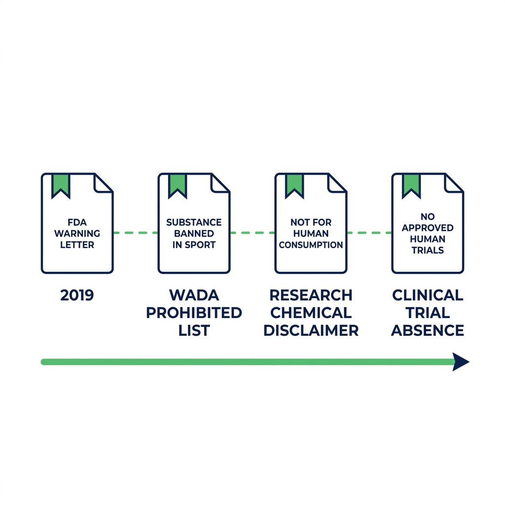 Timeline of regulatory statements defining TB-500 safety status for research use only.