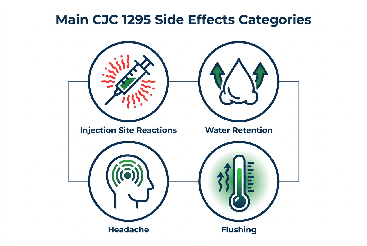 Infographic showing four main cjc 1295 side effects categories: injection site reactions, water retention, headache, and flushing, in navy and green flat design.