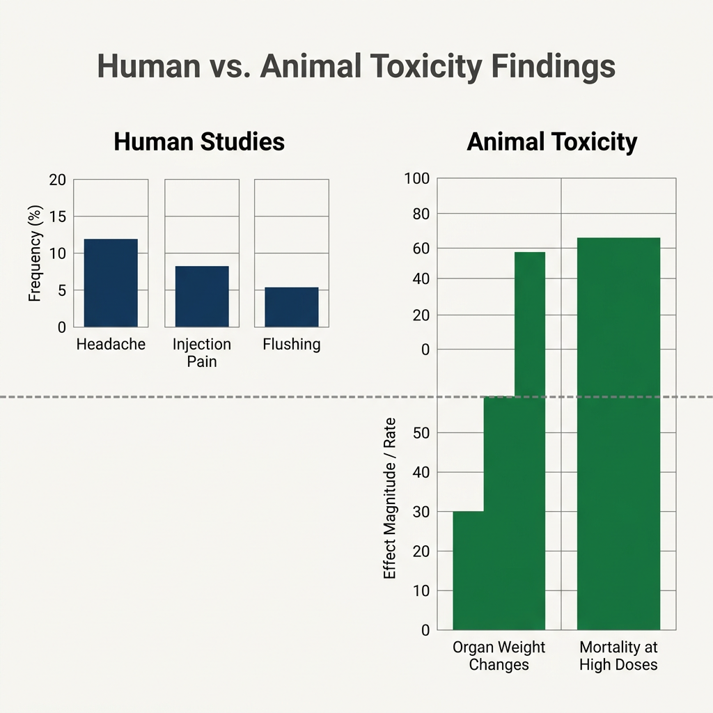 Comparative bar chart of human reported side effects versus animal toxicity findings for CJC 1295, using navy and green colors.