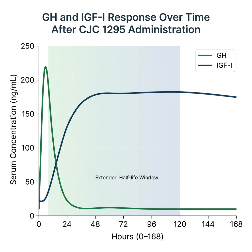 Line graph showing growth hormone and IGF-I response curves over 168 hours after CJC 1295 administration, with navy and green lines.