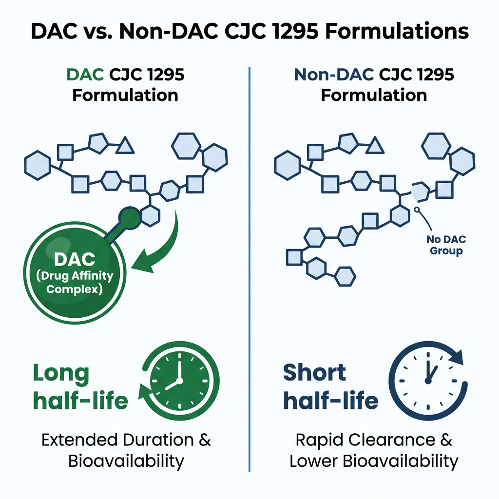 Infographic comparing molecular structures of DAC and non-DAC CJC 1295 formulations, showing long versus short half-life with navy and green accents.