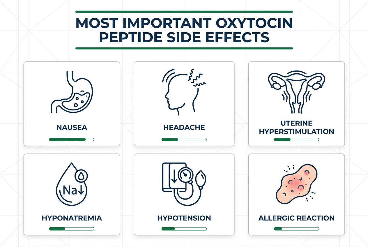 Infographic of oxytocin peptide side effects including nausea, headache, and hyponatremia