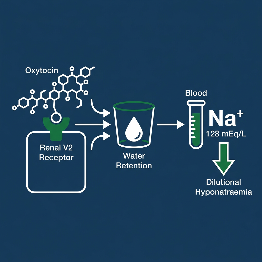 Diagram showing oxytocin-induced water intoxication and hyponatremia mechanism