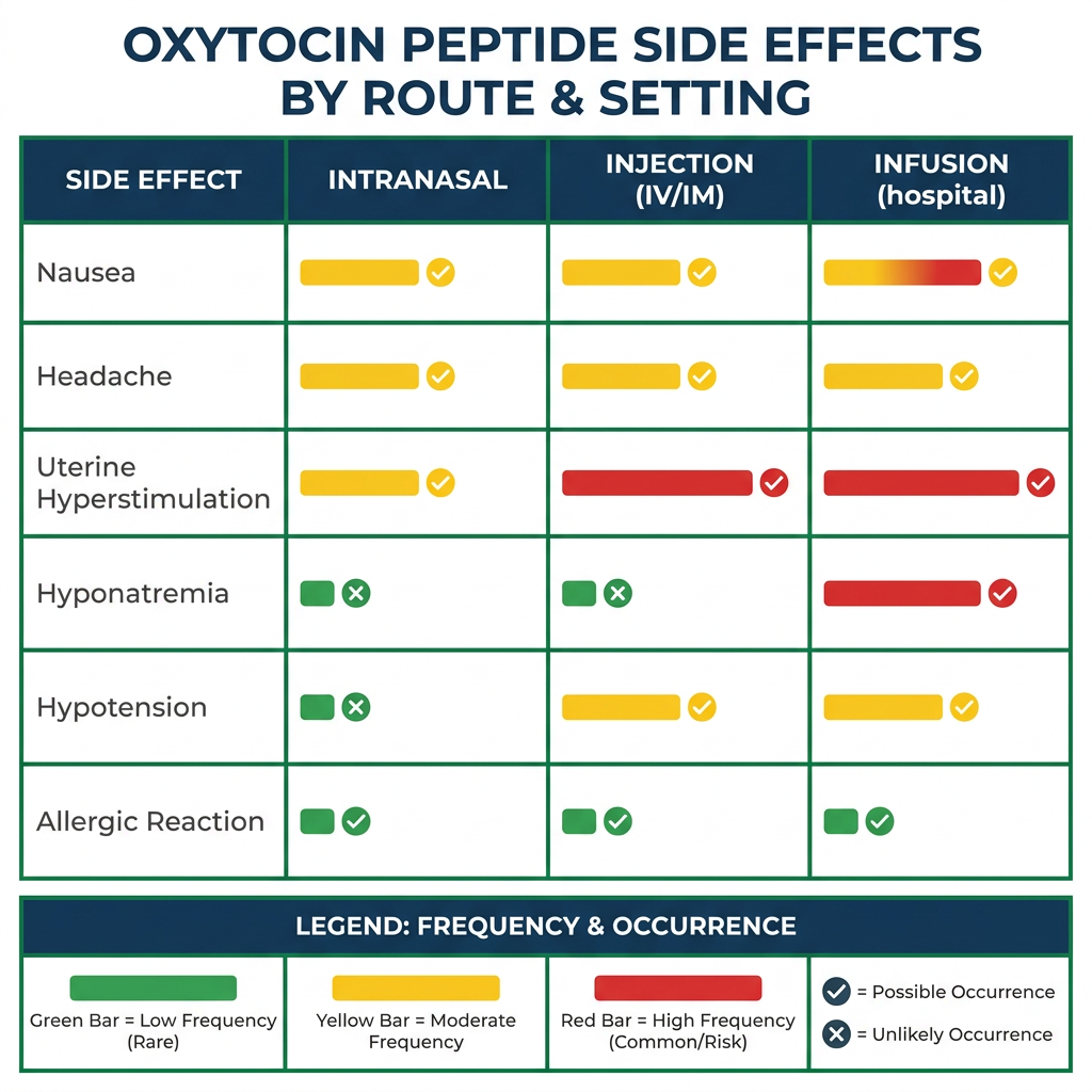 Comparison table of oxytocin side effects by administration route and clinical setting