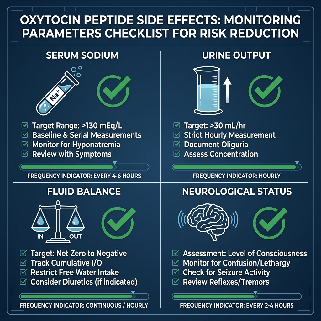 Monitoring parameters checklist for oxytocin peptide side effects prevention