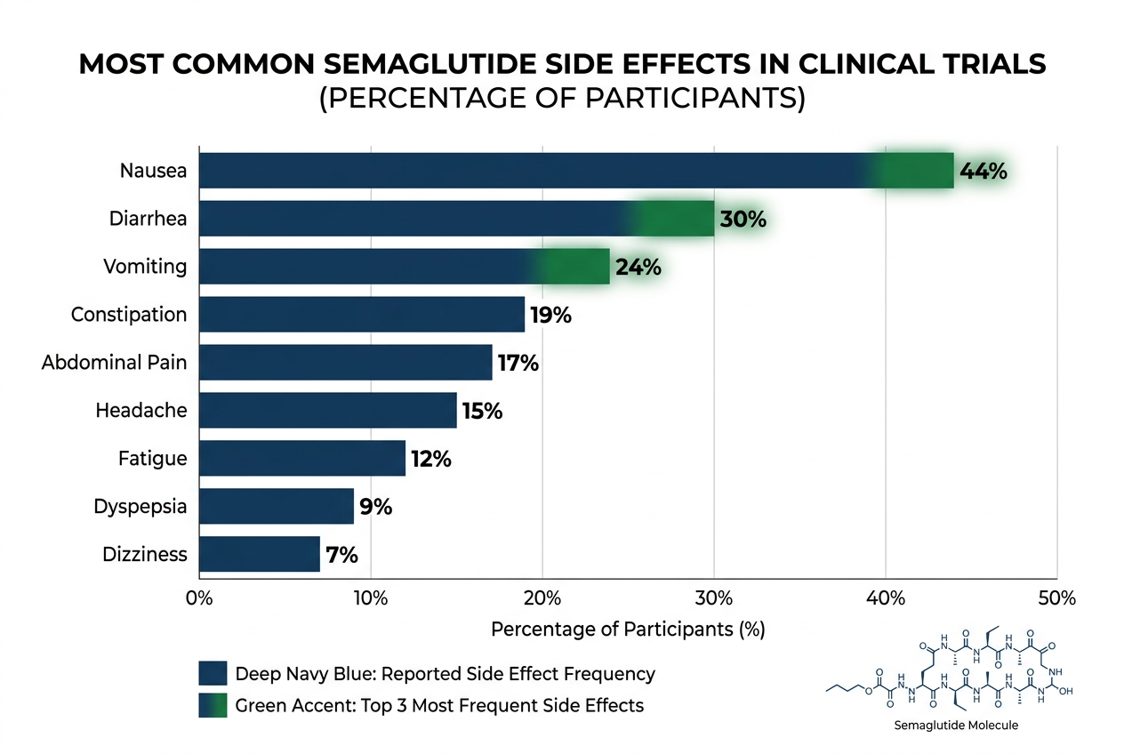 Infographic showing semaglutide side effects frequency from clinical trials, with bar chart of common adverse events.