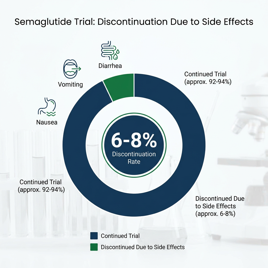 Donut chart showing semaglutide side effects discontinuation rate in clinical trials with common reasons.