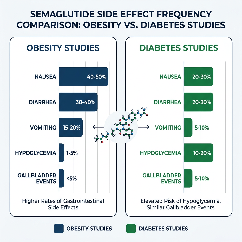 Comparison infographic of semaglutide side effects in obesity versus diabetes clinical studies.
