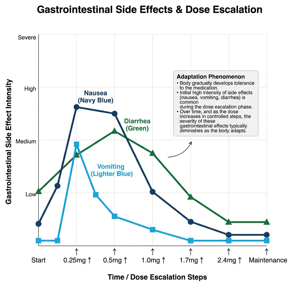 Line graph showing semaglutide side effects intensity during dose escalation for nausea, vomiting, and diarrhea.