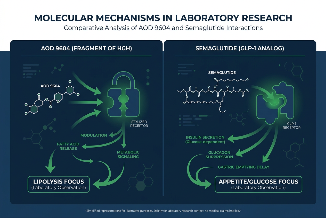 Infographic comparing aod 9604 and semaglutide mechanisms of action