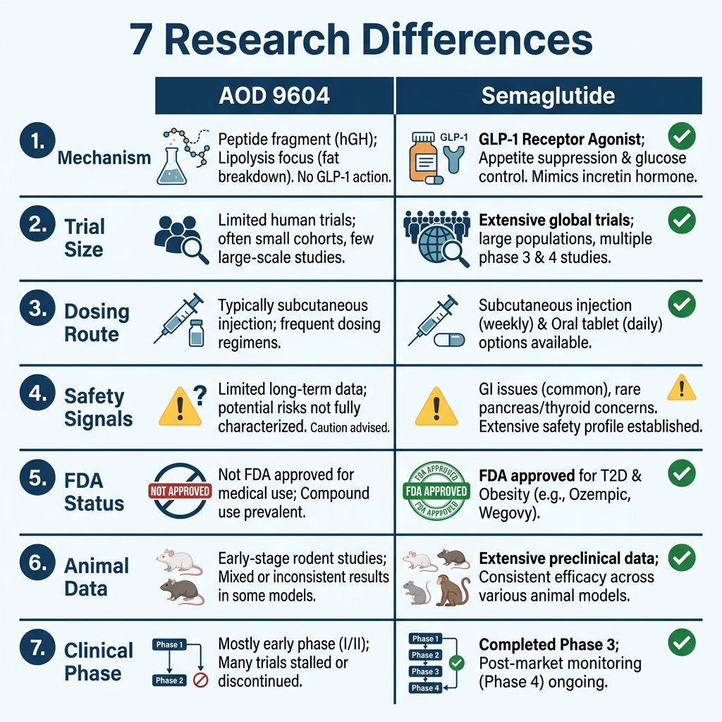 Seven research differences between AOD 9604 and semaglutide in a comparison chart