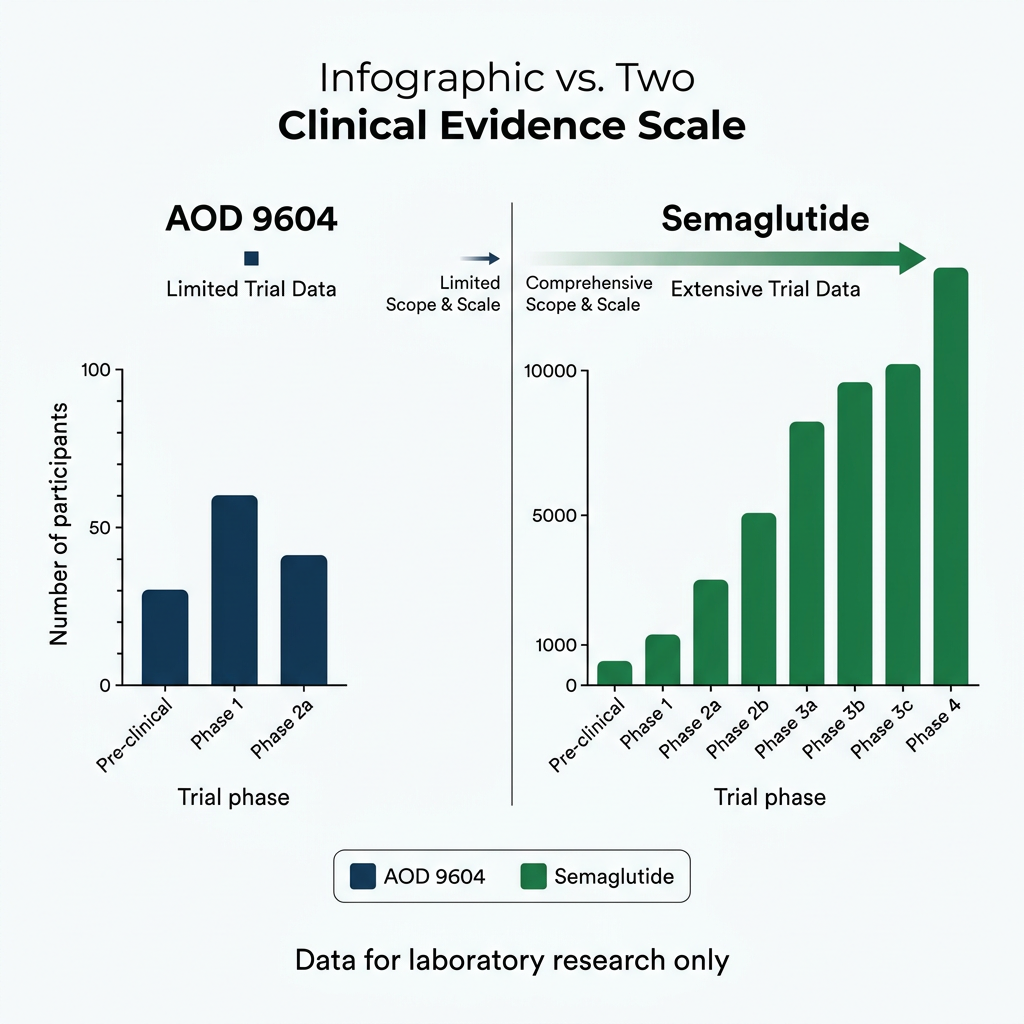 Bar chart comparing clinical trial data volume for AOD 9604 versus semaglutide