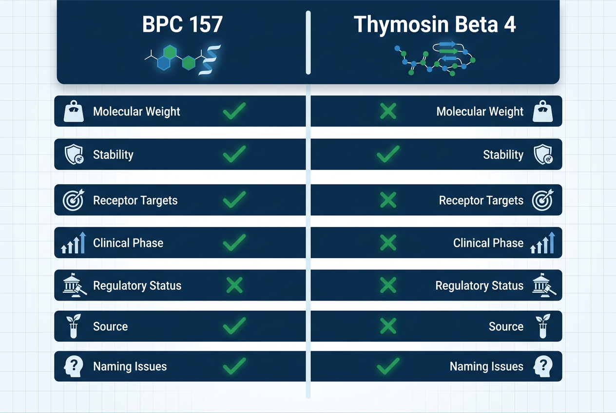 Infographic comparing seven research differences between bpc 157 thymosin beta and thymosin beta-4 using navy and green icons.