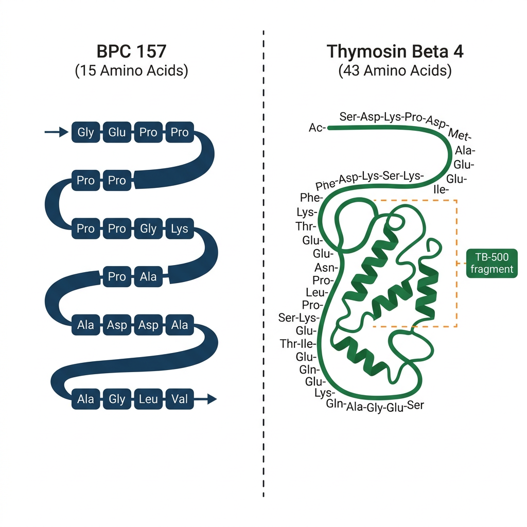 Diagram comparing amino acid chain lengths of BPC 157 and Thymosin Beta 4 with TB-500 fragment highlighted.