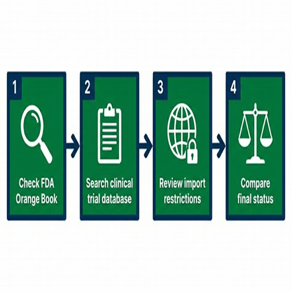 Flowchart with four steps for comparing U.S. regulatory status of BPC 157 and Thymosin Beta 4.
