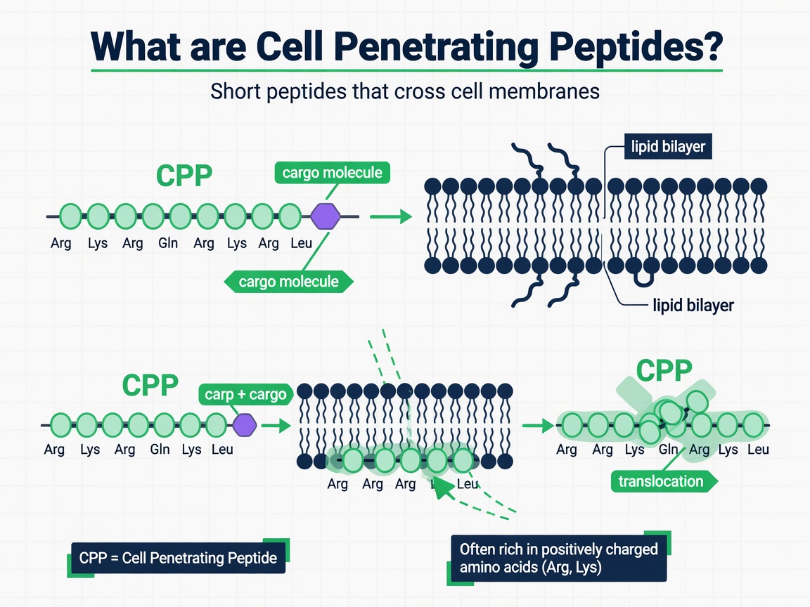 Infographic showing cell penetrating peptides crossing a lipid bilayer membrane
