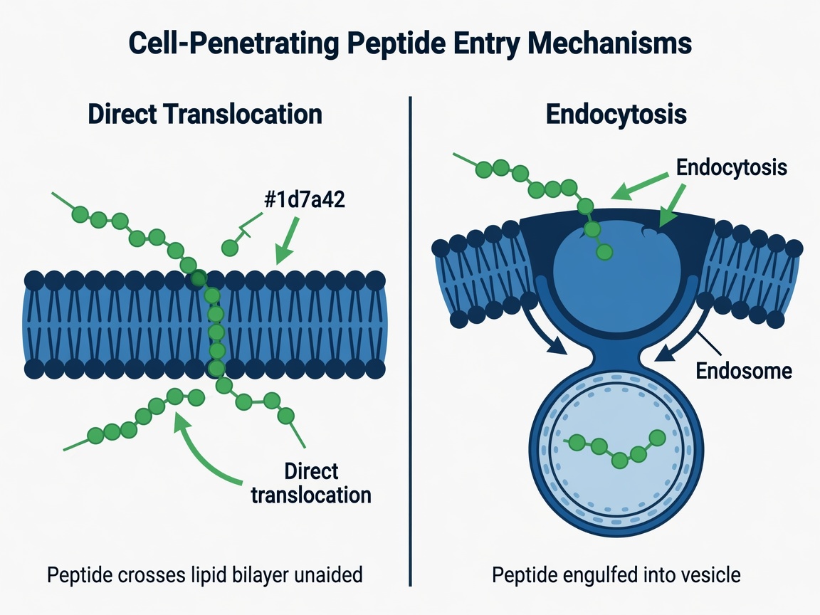Diagram comparing direct translocation and endocytosis for cell penetrating peptide entry