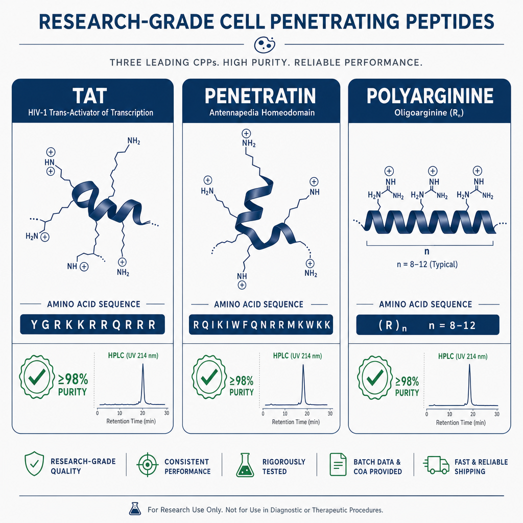Comparison cards for TAT, penetratin, and polyarginine peptides with purity and HPLC data