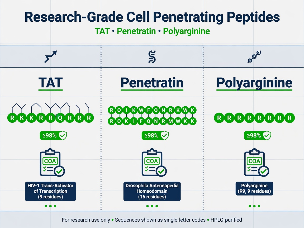 Comparison chart of TAT, penetratin, and polyarginine peptide sequences with purity labels