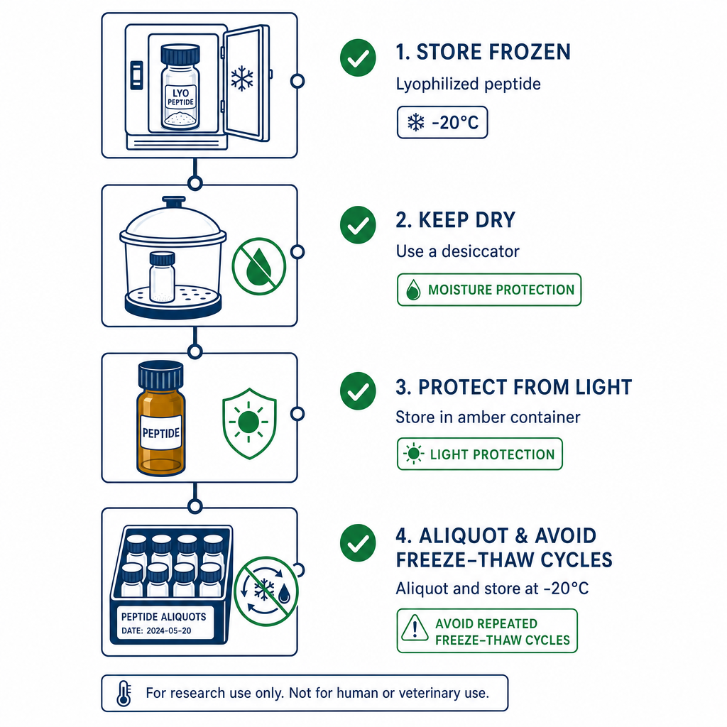Infographic of peptide storage steps: freezing, desiccation, light protection, and aliquoting