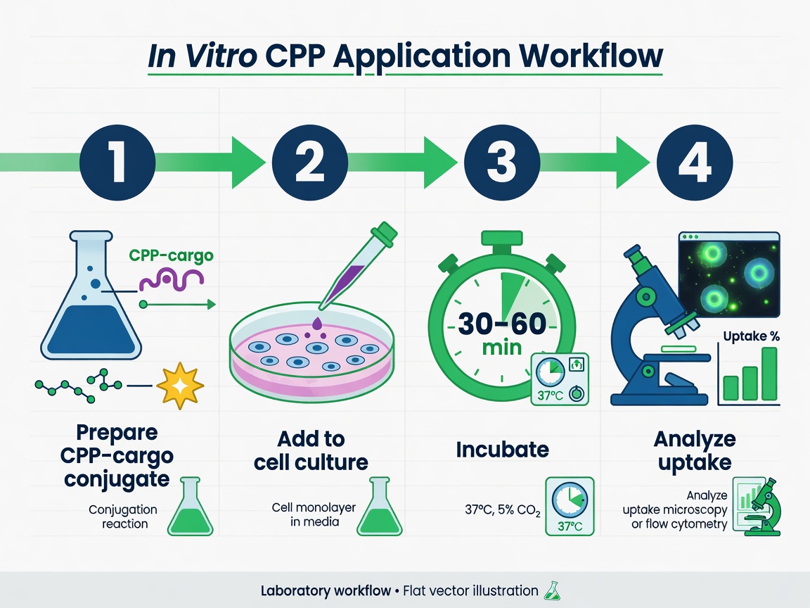 Workflow diagram showing four steps for applying cell penetrating peptides in vitro