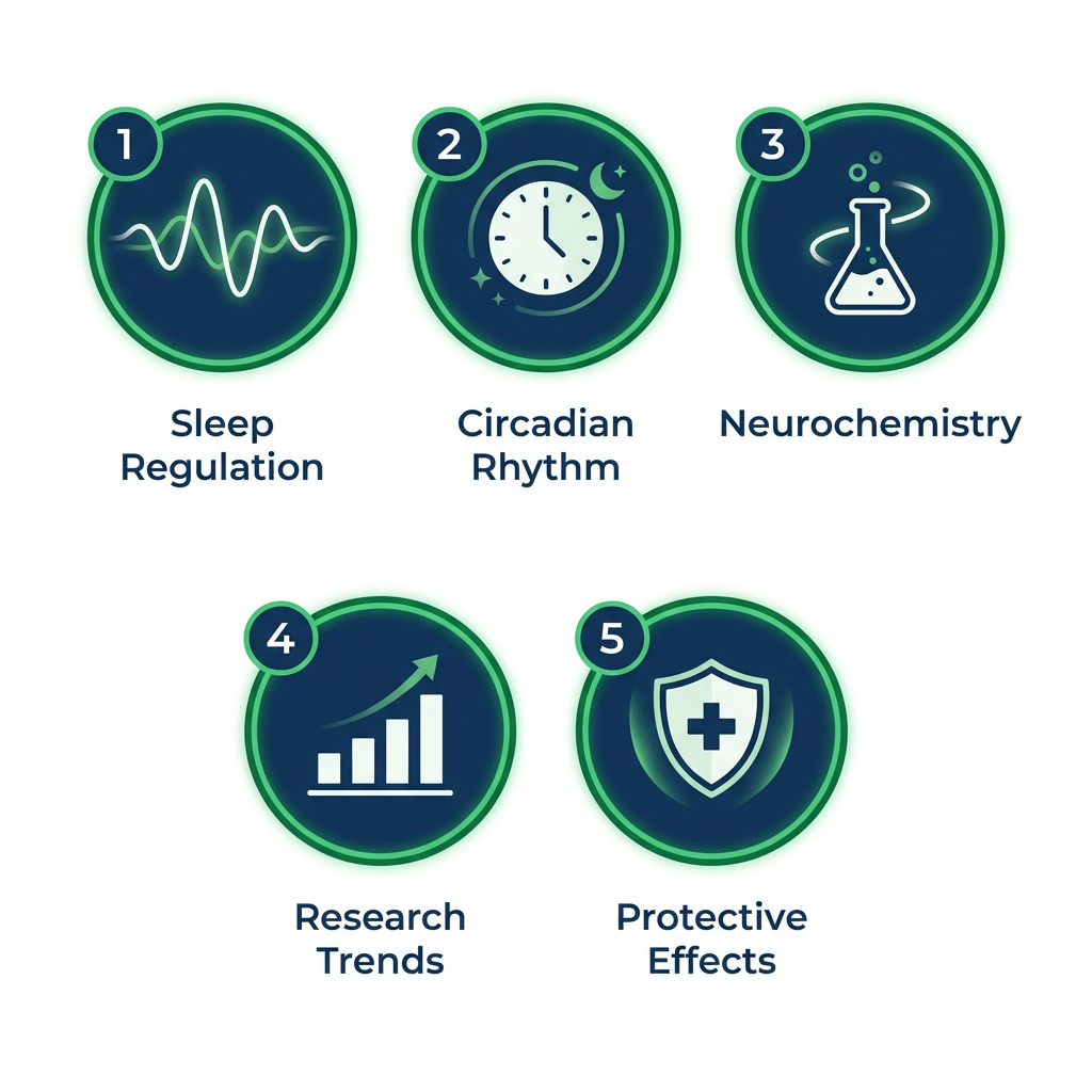 Five key research findings about dsip peptide shown as icons