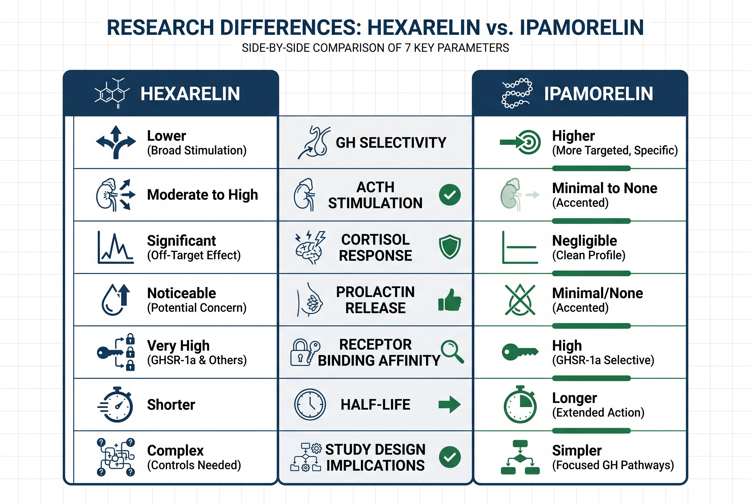 Infographic highlighting the main research differences between hexarelin and ipamorelin across seven key parameters.