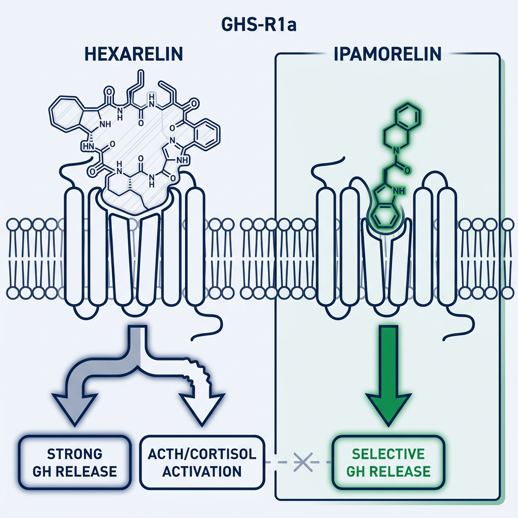 Scientific diagram comparing receptor targeting and signaling pathways of hexarelin and ipamorelin.