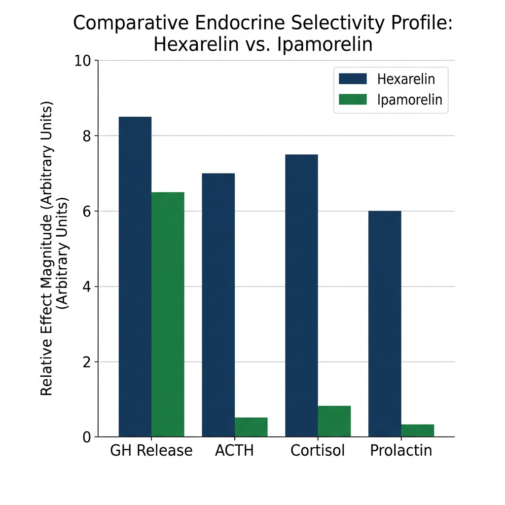 Data visualization comparing growth hormone selectivity and endocrine effects of hexarelin versus ipamorelin.