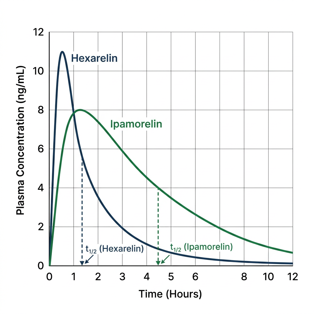 Pharmacokinetic curve comparing half-life and duration of hexarelin and ipamorelin.