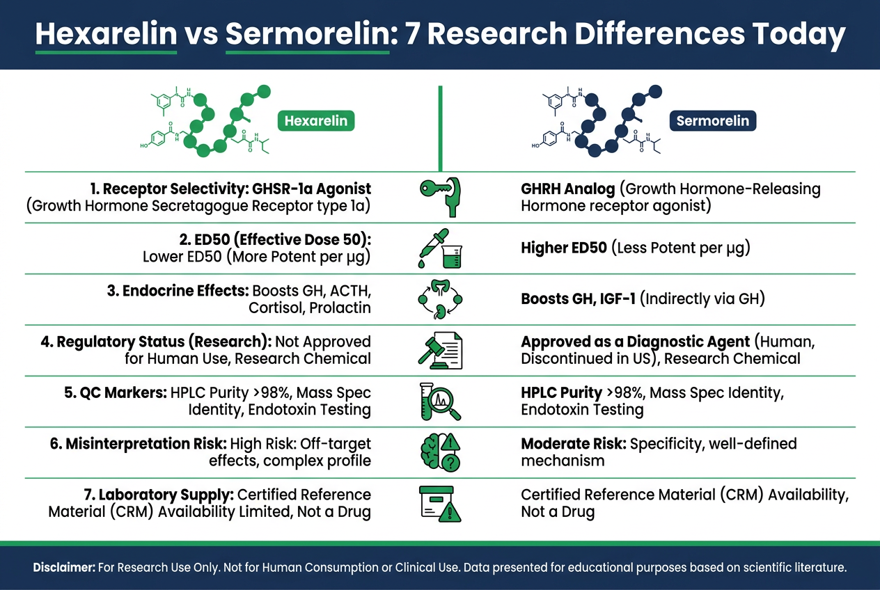 Hexarelin vs Sermorelin: 7 Research Differences Today infographic comparing key research parameters