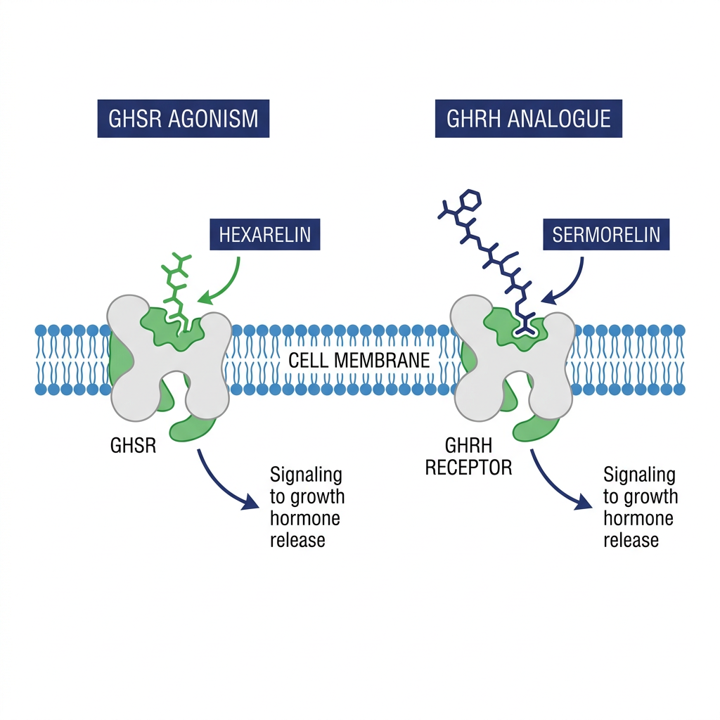 Diagram comparing hexarelin GHSR agonism and sermorelin GHRH analogue receptor binding