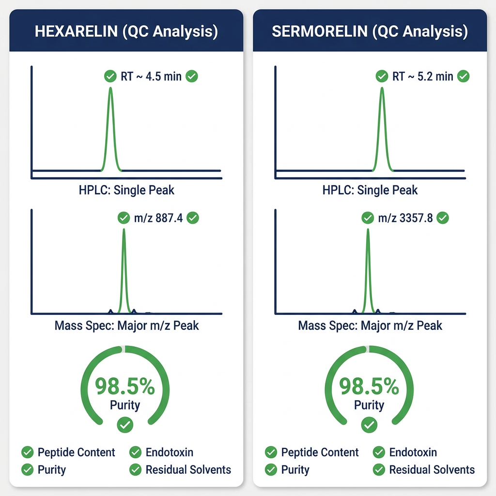 Quality control markers comparison for hexarelin and sermorelin including HPLC and mass spec
