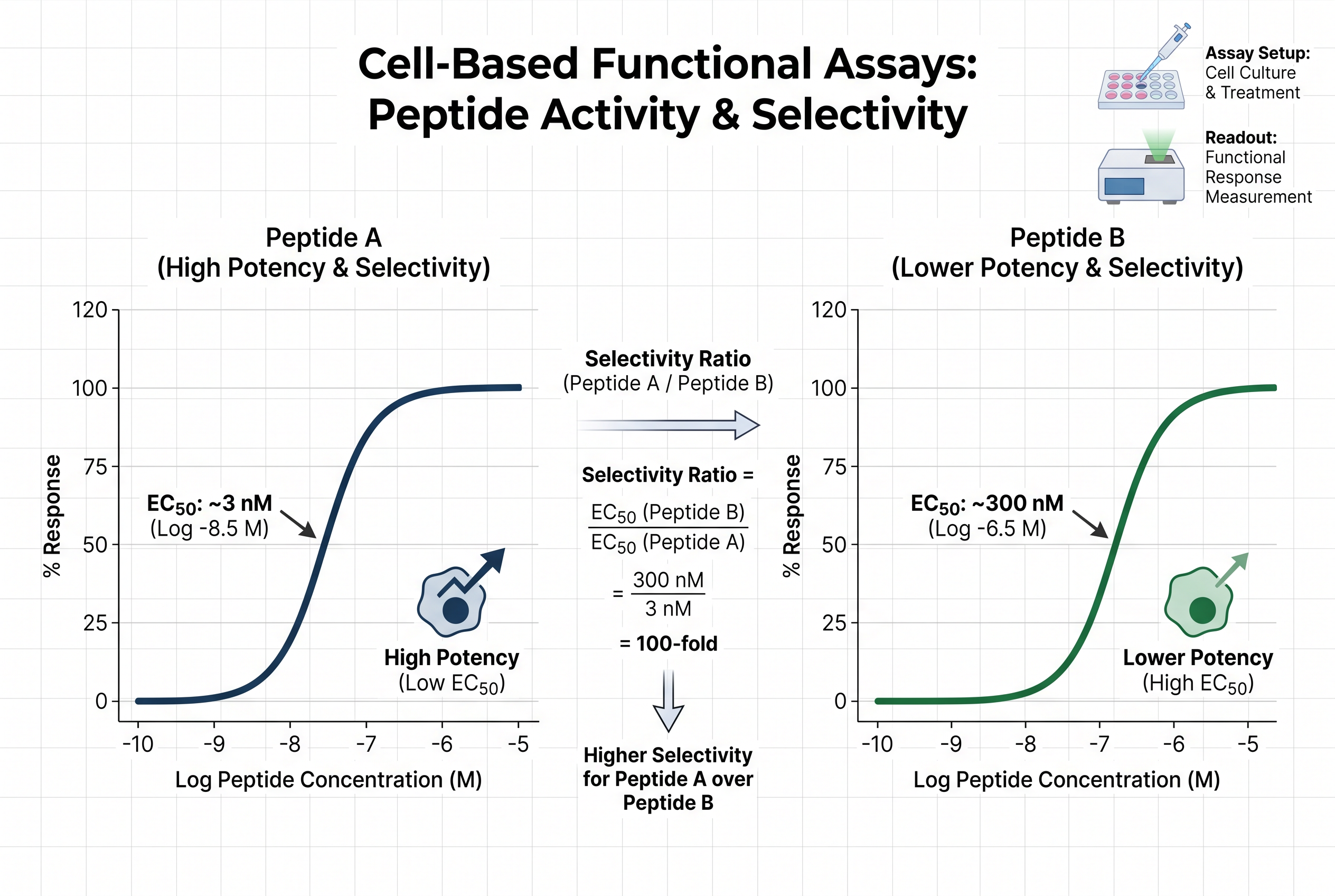 Infographic showing peptide activity and selectivity across cell-based functional assay dose-response curves.