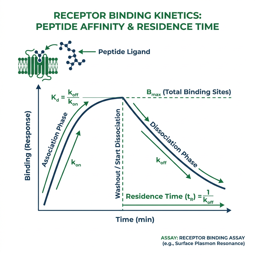 Diagram of receptor binding kinetics showing peptide affinity and residence time parameters.