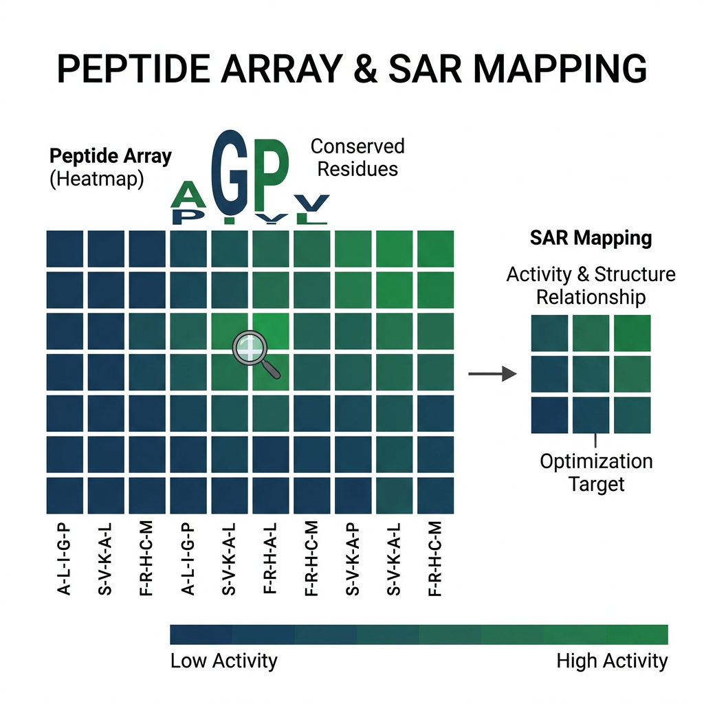 Heatmap and sequence logo from peptide array SAR mapping of active motifs.