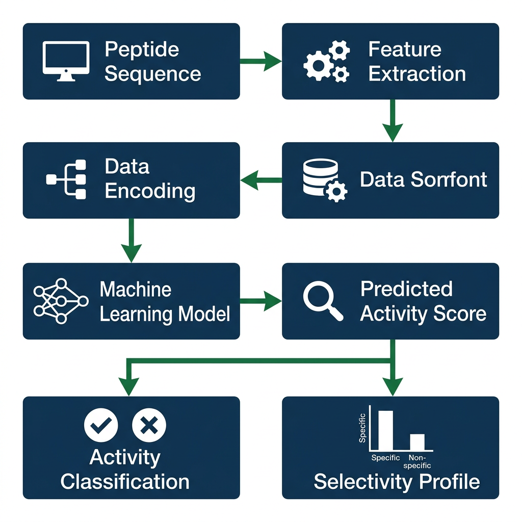 Flowchart of computational peptide activity prediction pipeline with machine learning.