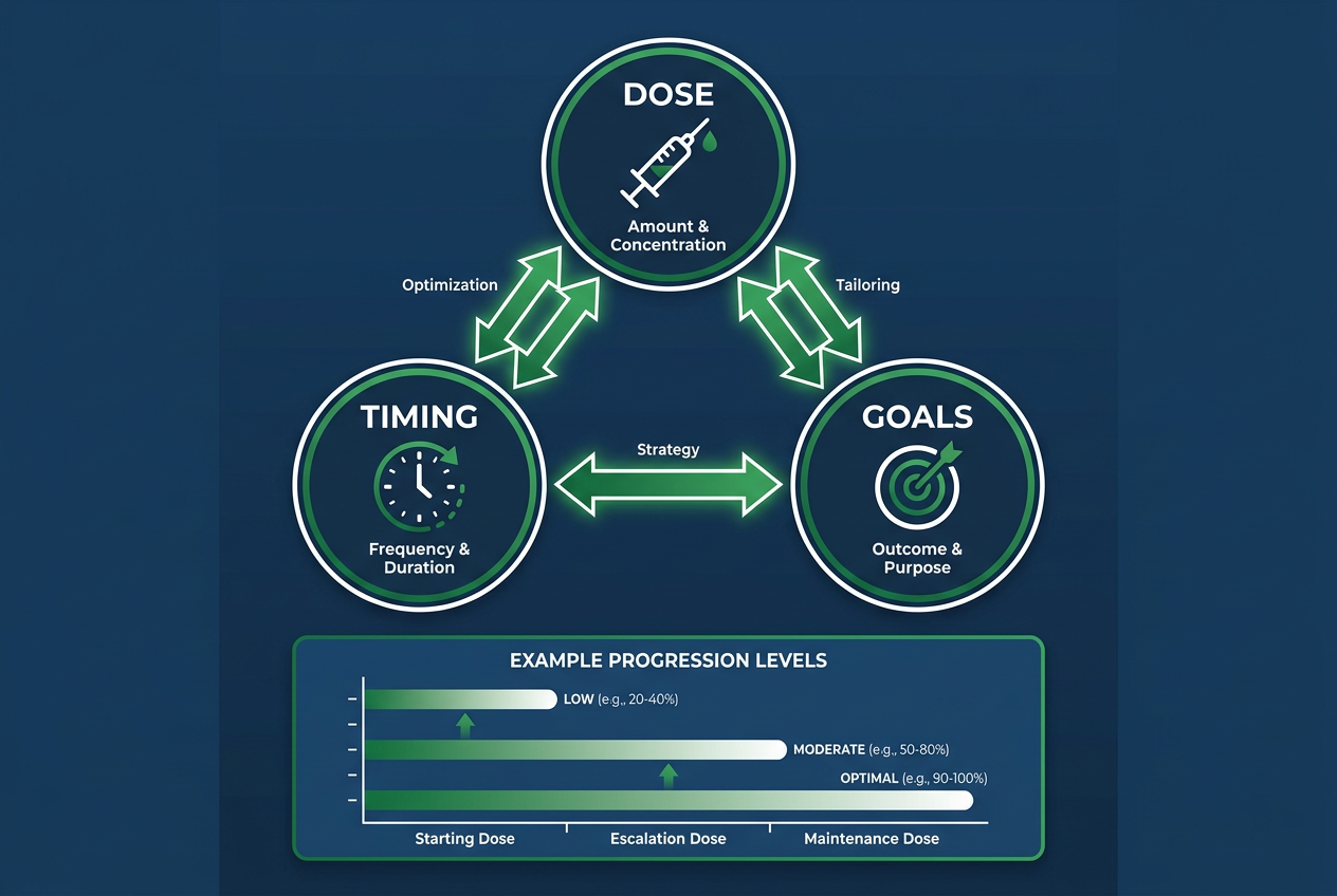 Infographic showing three core elements of dose timing and goals in peptide protocols: dose, timing, and goals interconnected with example dose levels.