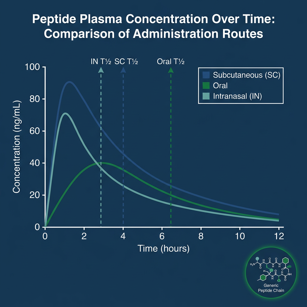 Line graph comparing peptide concentration over time for different administration routes with half-life markers and molecular structure inset.