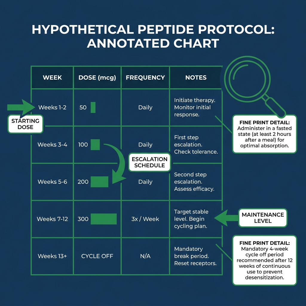 Annotated peptide protocol chart showing dose escalation and maintenance with callouts for starting dose and fine print details.