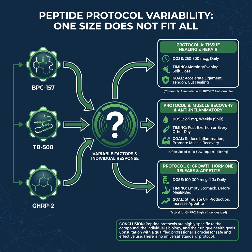Decision tree comparing three different peptide compounds with distinct protocol cards showing dose, timing, and goals.