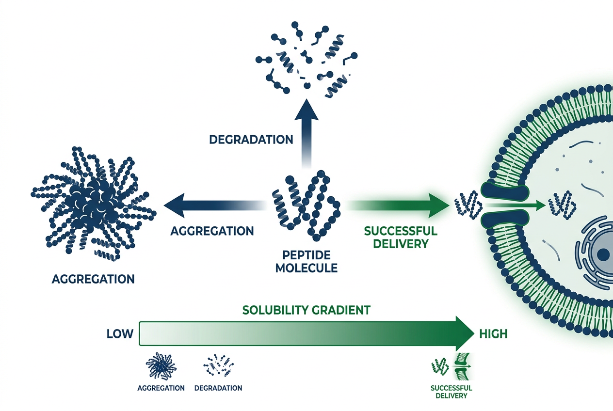 Infographic showing how peptide solubility impacts stability and delivery, with pathways for aggregation, degradation, and successful delivery.