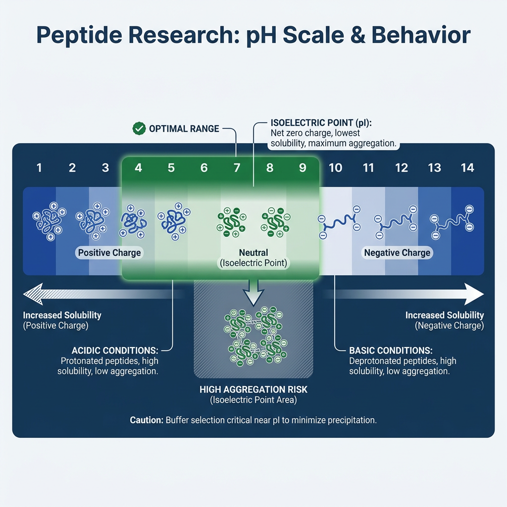 pH scale diagram showing peptide charge states and aggregation risk, highlighting optimal pH range for stability and delivery.