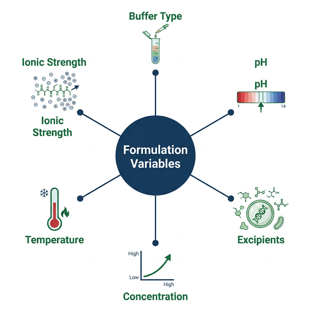 Mind map of formulation variables affecting peptide stability and delivery, including buffer, pH, excipients, concentration, temperature, and ionic strength.