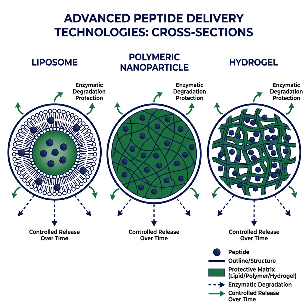 Diagram comparing liposomes, nanoparticles, and hydrogels for improving peptide stability and delivery.