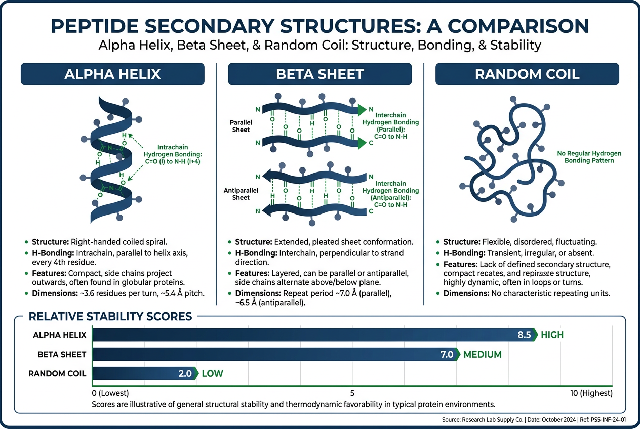 Infographic comparing alpha helix and beta sheet peptide structure shapes with stability data.