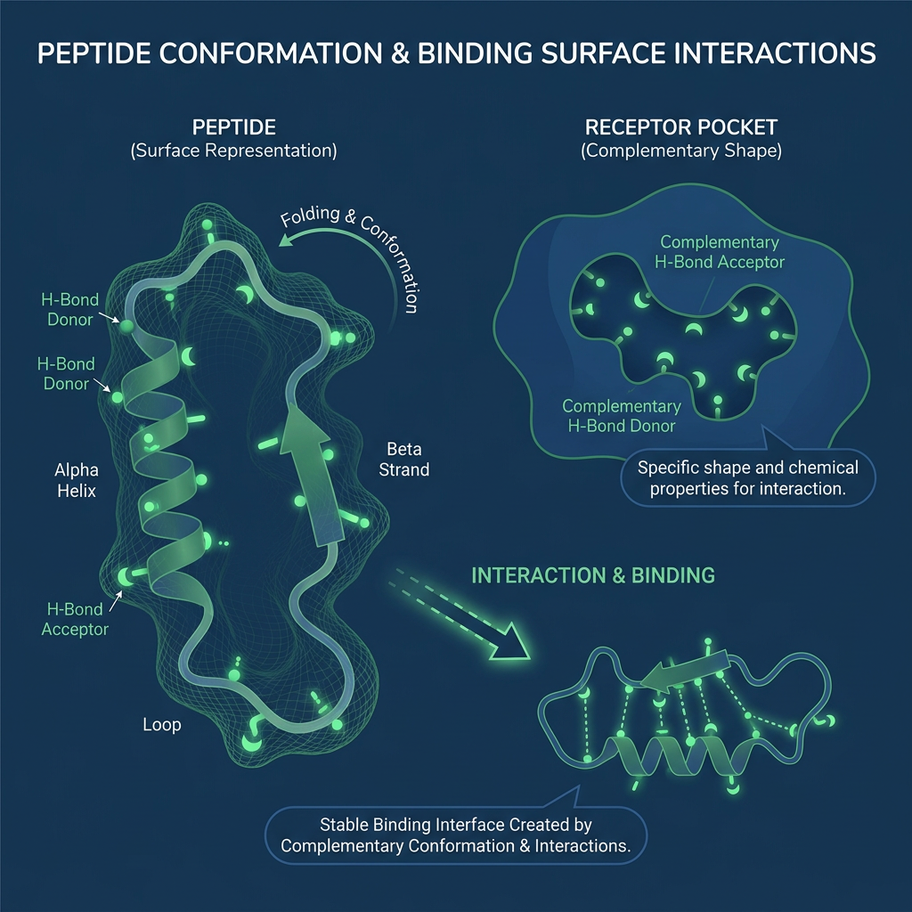 Diagram showing peptide binding surface topology and interaction hotspots in navy and green.